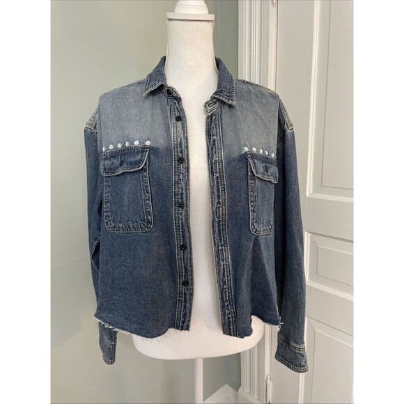 Rebecca Minkoff Jean Jacket Denim Shirt Crop Raw Hem Jewels Medium - Picture 1 of 5